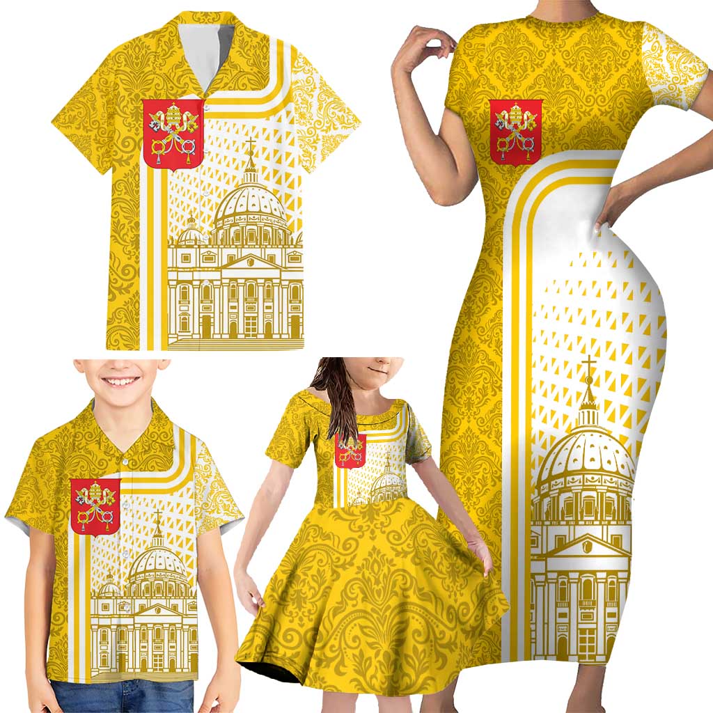 Vatican City Family Matching Short Sleeve Bodycon Dress and Hawaiian Shirt St. Peter’s Basilica & Papal Emblem Gold Ornate Architecture