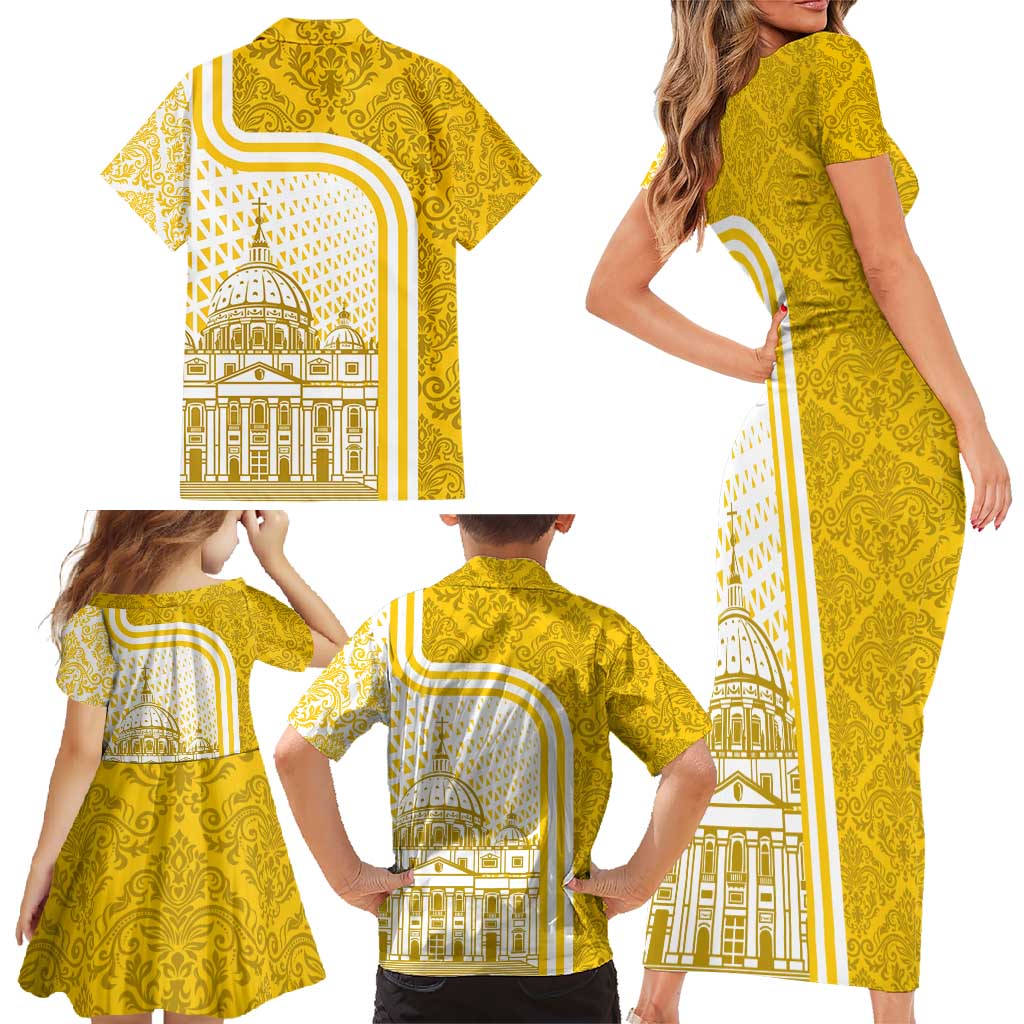 Vatican City Family Matching Short Sleeve Bodycon Dress and Hawaiian Shirt St. Peter’s Basilica & Papal Emblem Gold Ornate Architecture