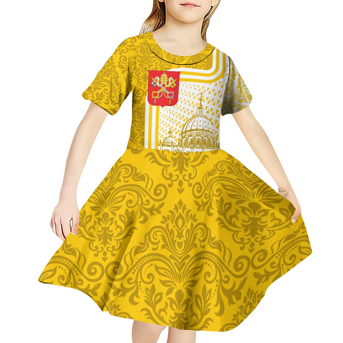 Vatican City Kid Short Sleeve Dress St. Peter’s Basilica & Papal Emblem Gold Ornate Architecture