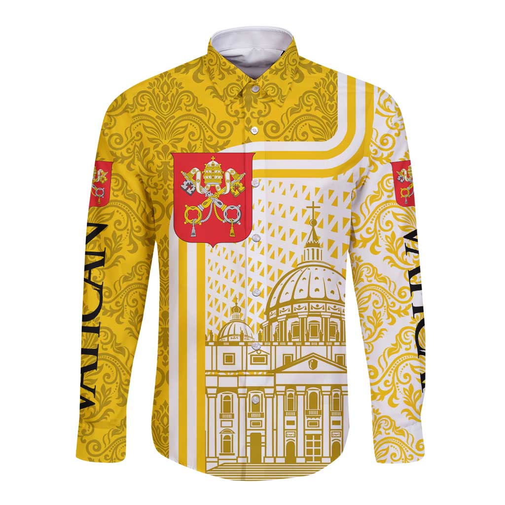 Vatican City Long Sleeve Button Shirt St. Peter’s Basilica & Papal Emblem Gold Ornate Architecture