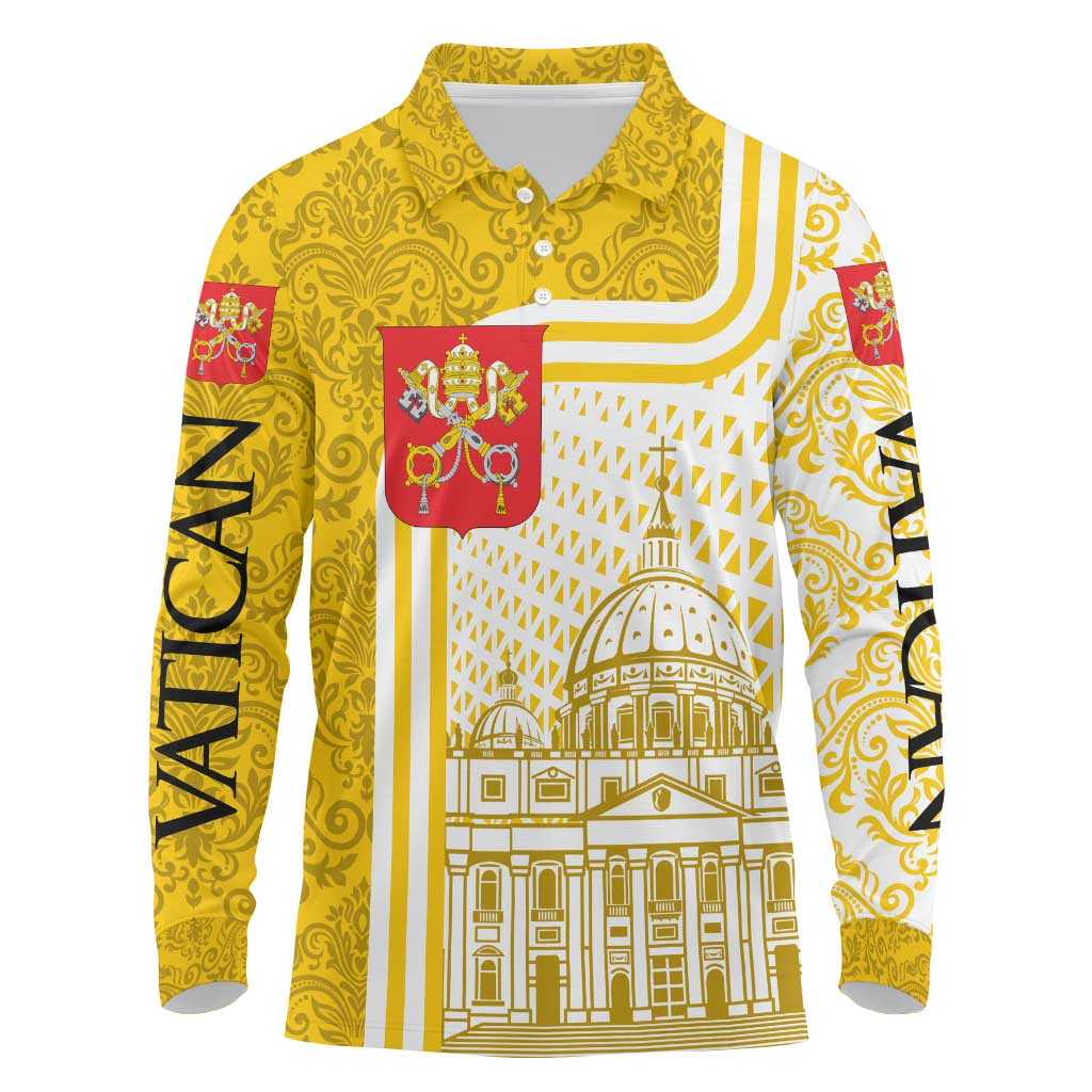Vatican City Long Sleeve Polo Shirt St. Peter’s Basilica & Papal Emblem Gold Ornate Architecture