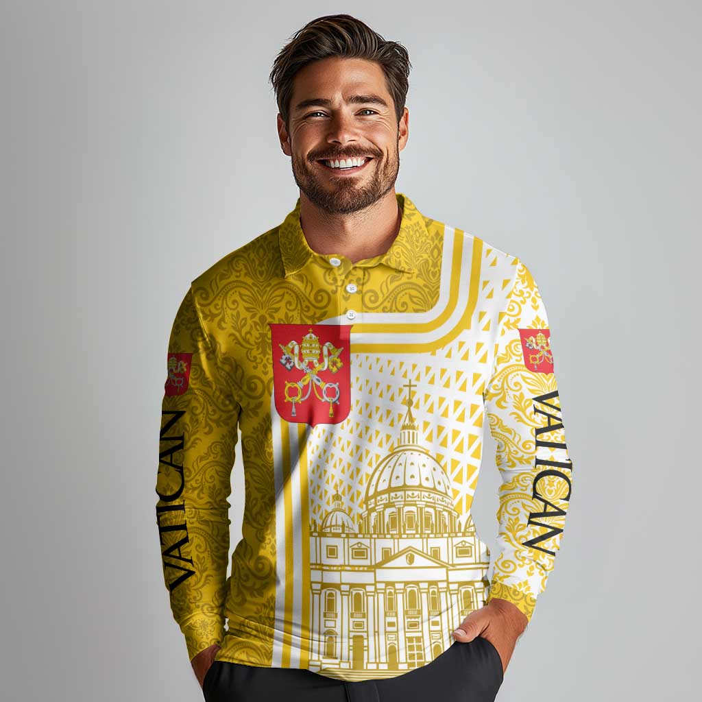 Vatican City Long Sleeve Polo Shirt St. Peter’s Basilica & Papal Emblem Gold Ornate Architecture