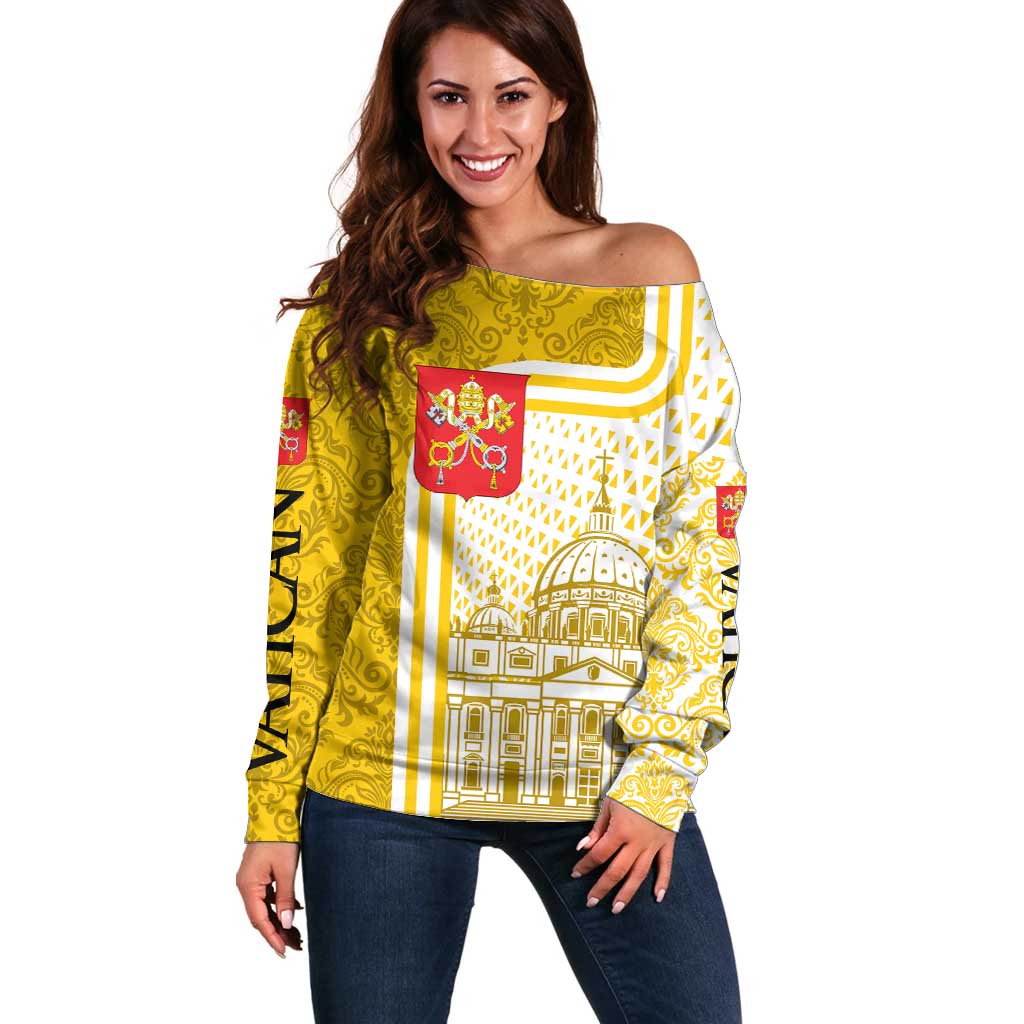 Vatican City Off Shoulder Sweater St. Peter’s Basilica & Papal Emblem Gold Ornate Architecture