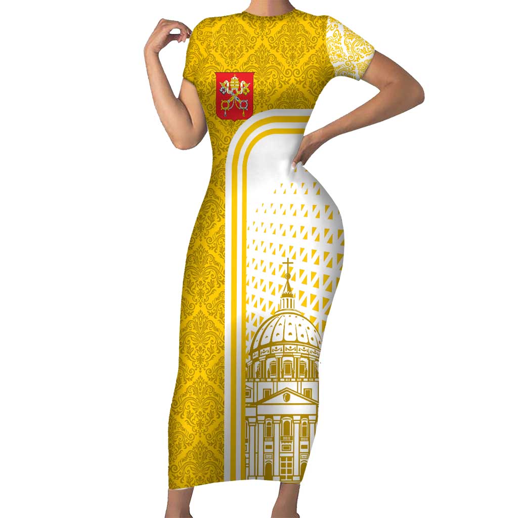Vatican City Short Sleeve Bodycon Dress St. Peter’s Basilica & Papal Emblem Gold Ornate Architecture