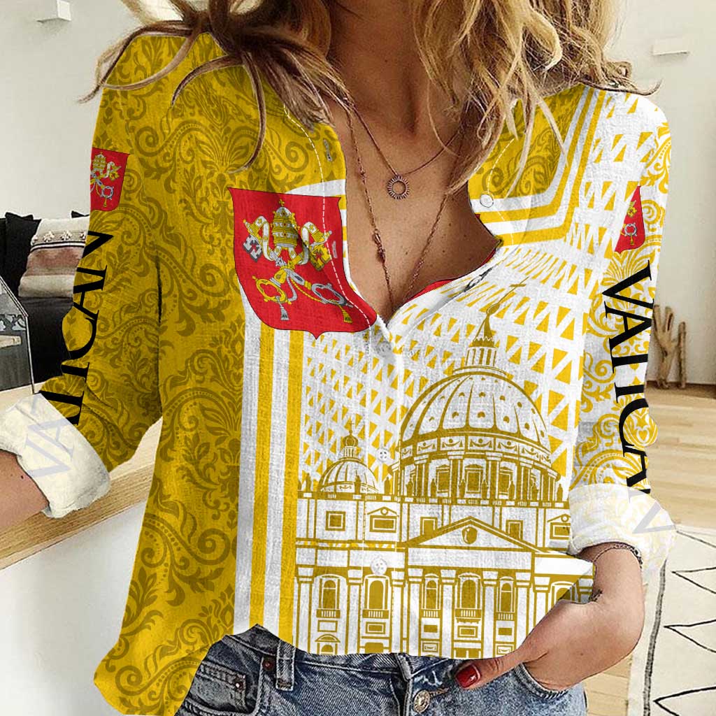 Vatican City Women Casual Shirt St. Peter’s Basilica & Papal Emblem Gold Ornate Architecture