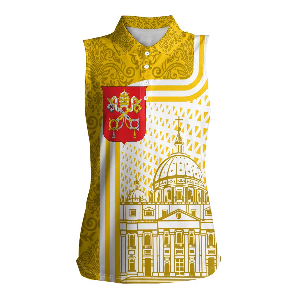 Vatican City Women Sleeveless Polo Shirt St. Peter’s Basilica & Papal Emblem Gold Ornate Architecture