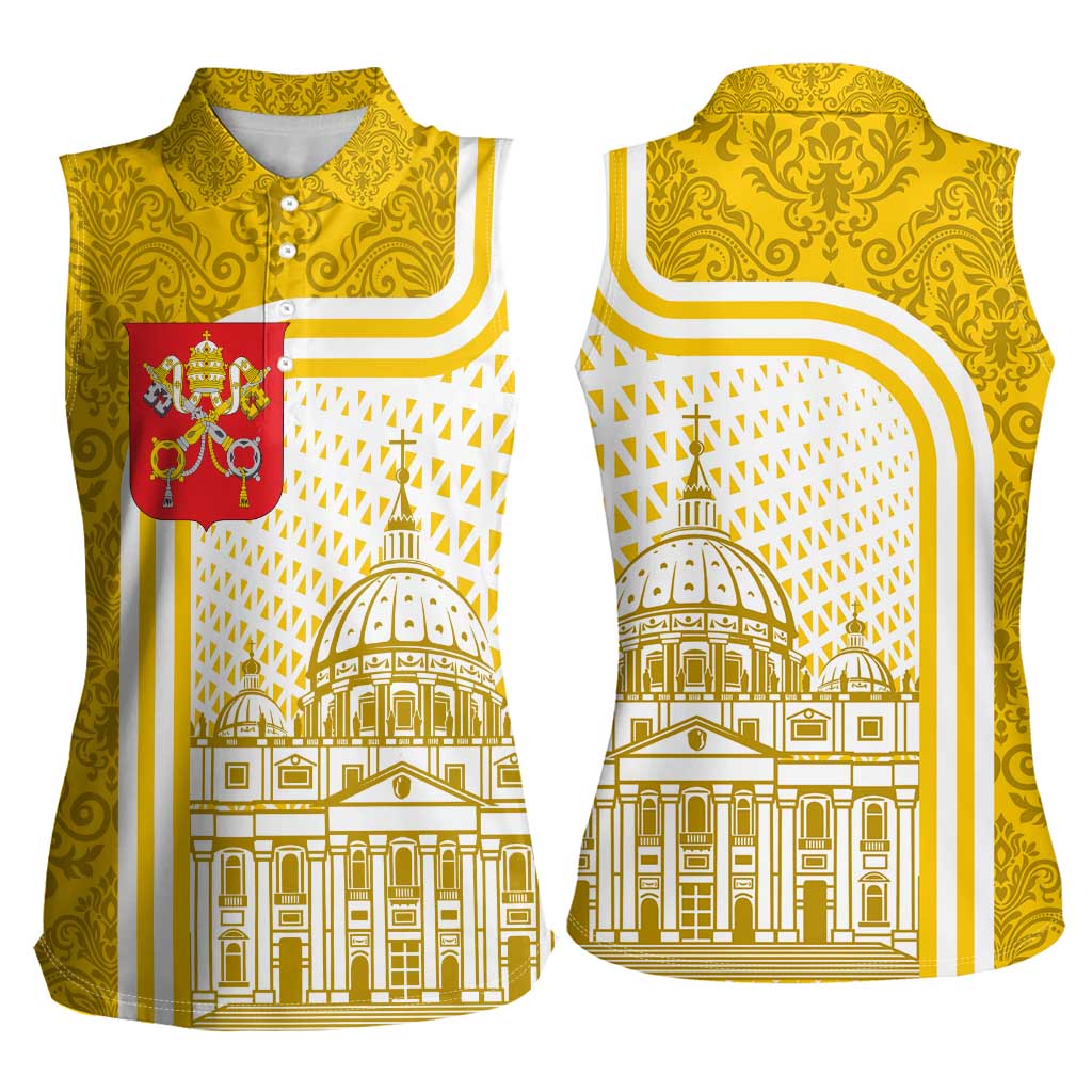Vatican City Women Sleeveless Polo Shirt St. Peter’s Basilica & Papal Emblem Gold Ornate Architecture