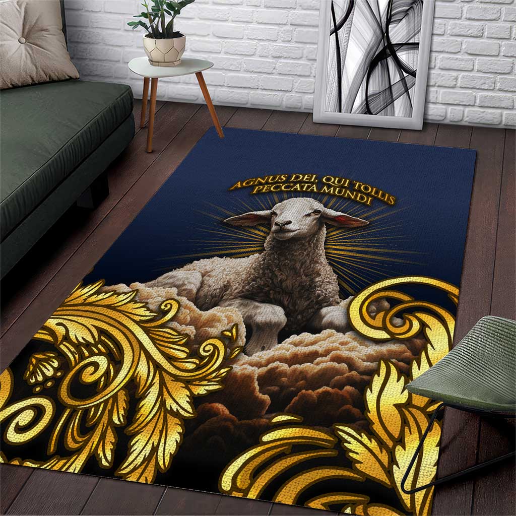Agnus Dei Lamb of God Area Rug Latin Catholic Art with Gold Baroque Accents