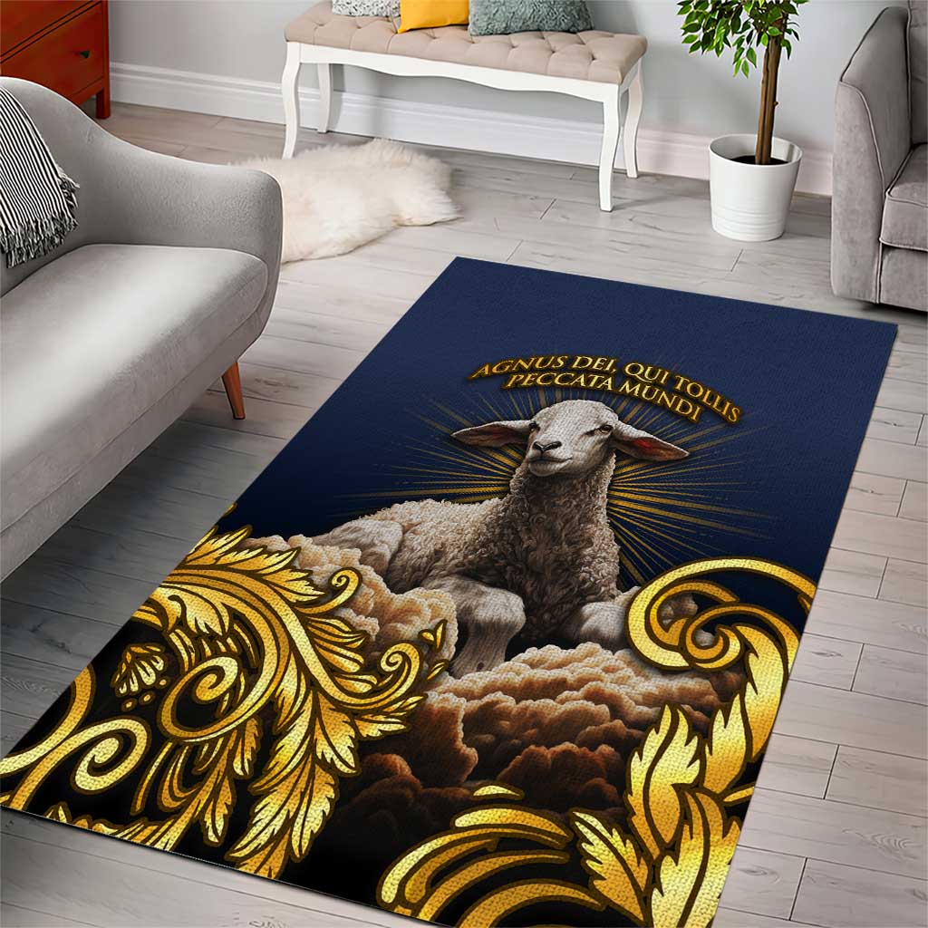 Agnus Dei Lamb of God Area Rug Latin Catholic Art with Gold Baroque Accents