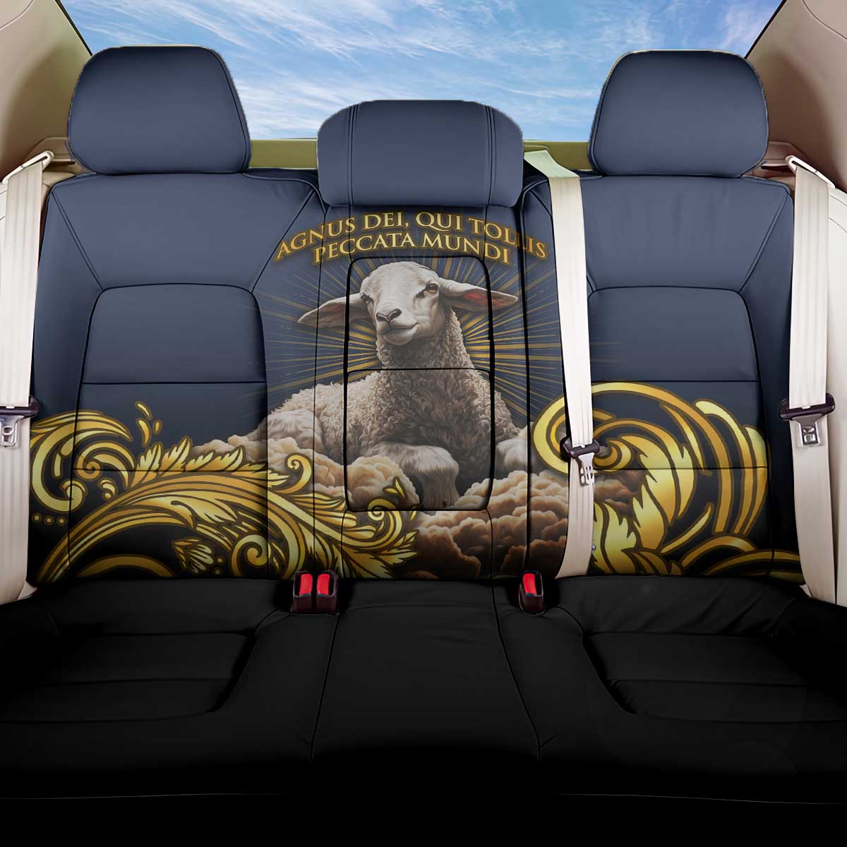 Agnus Dei Lamb of God Back Car Seat Cover Latin Catholic Art with Gold Baroque Accents