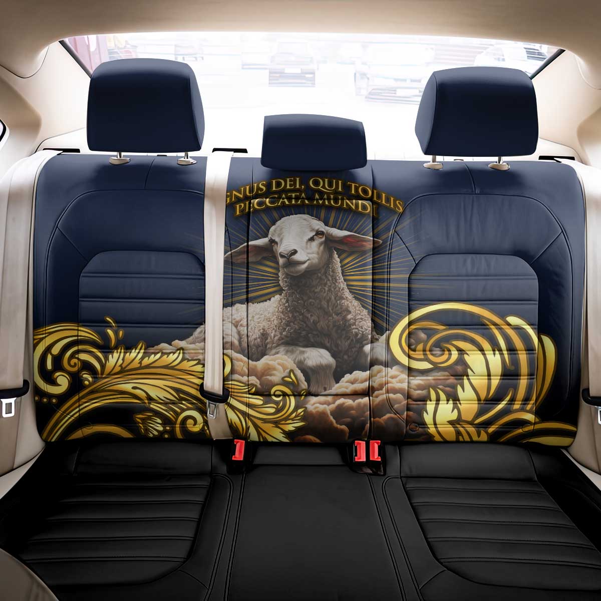 Agnus Dei Lamb of God Back Car Seat Cover Latin Catholic Art with Gold Baroque Accents