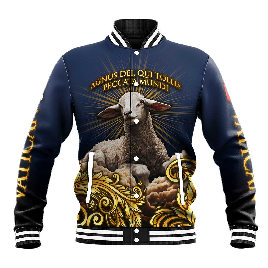 Agnus Dei Lamb of God Baseball Jacket Latin Catholic Art with Gold Baroque Accents