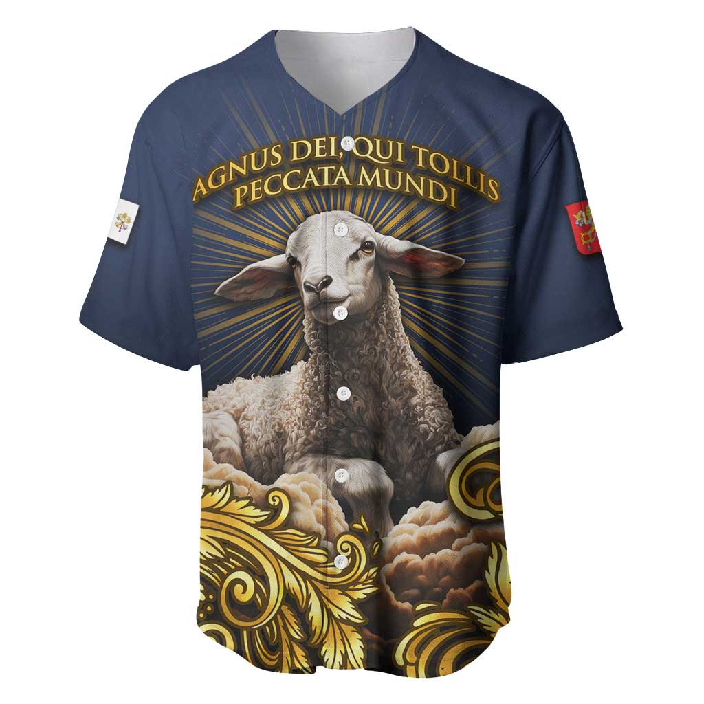 Agnus Dei Lamb of God Baseball Jersey Latin Catholic Art with Gold Baroque Accents