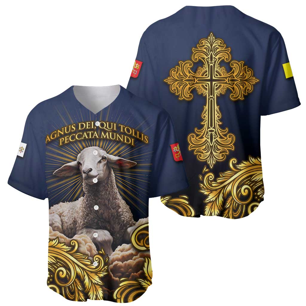 Agnus Dei Lamb of God Baseball Jersey Latin Catholic Art with Gold Baroque Accents