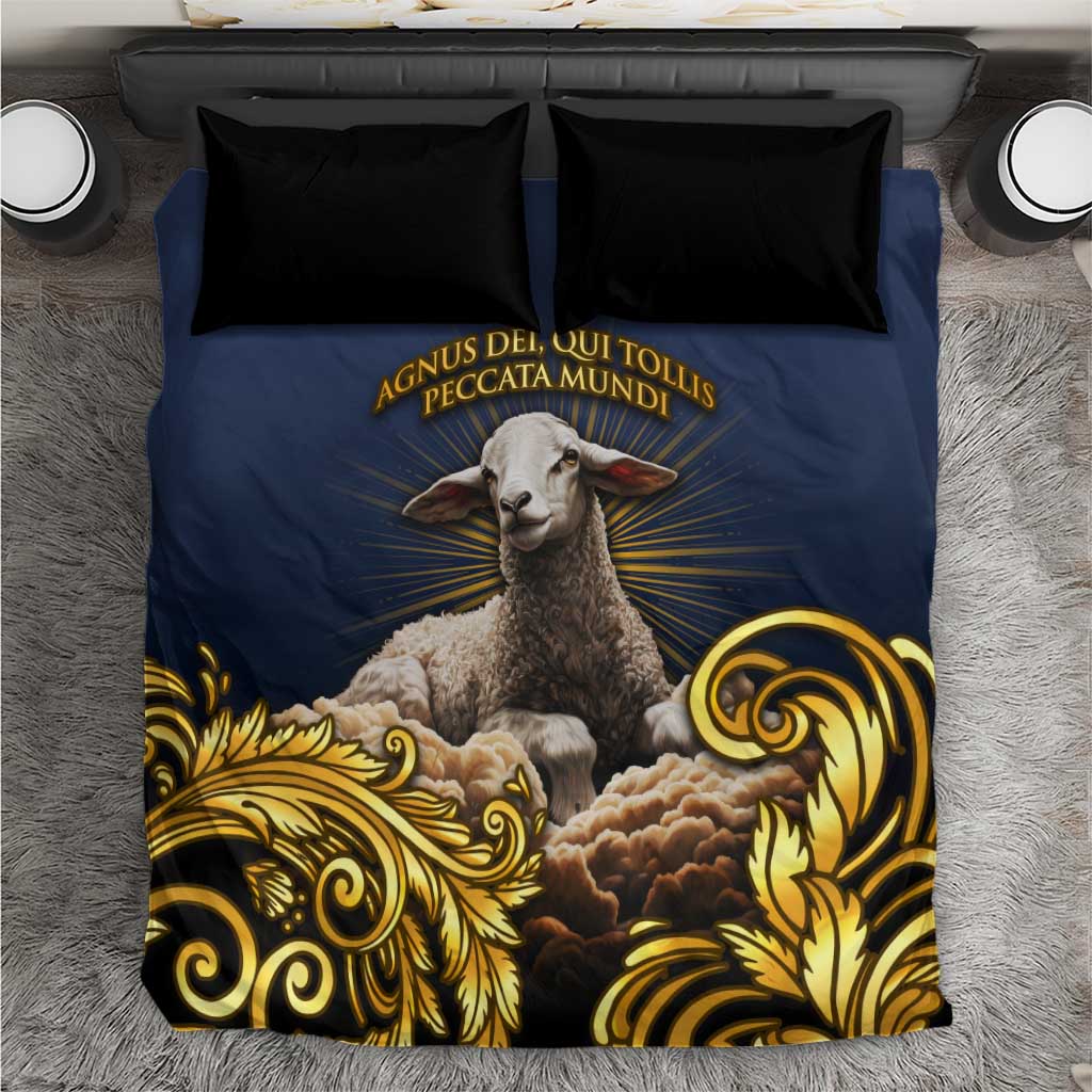 Agnus Dei Lamb of God Bedding Set Latin Catholic Art with Gold Baroque Accents