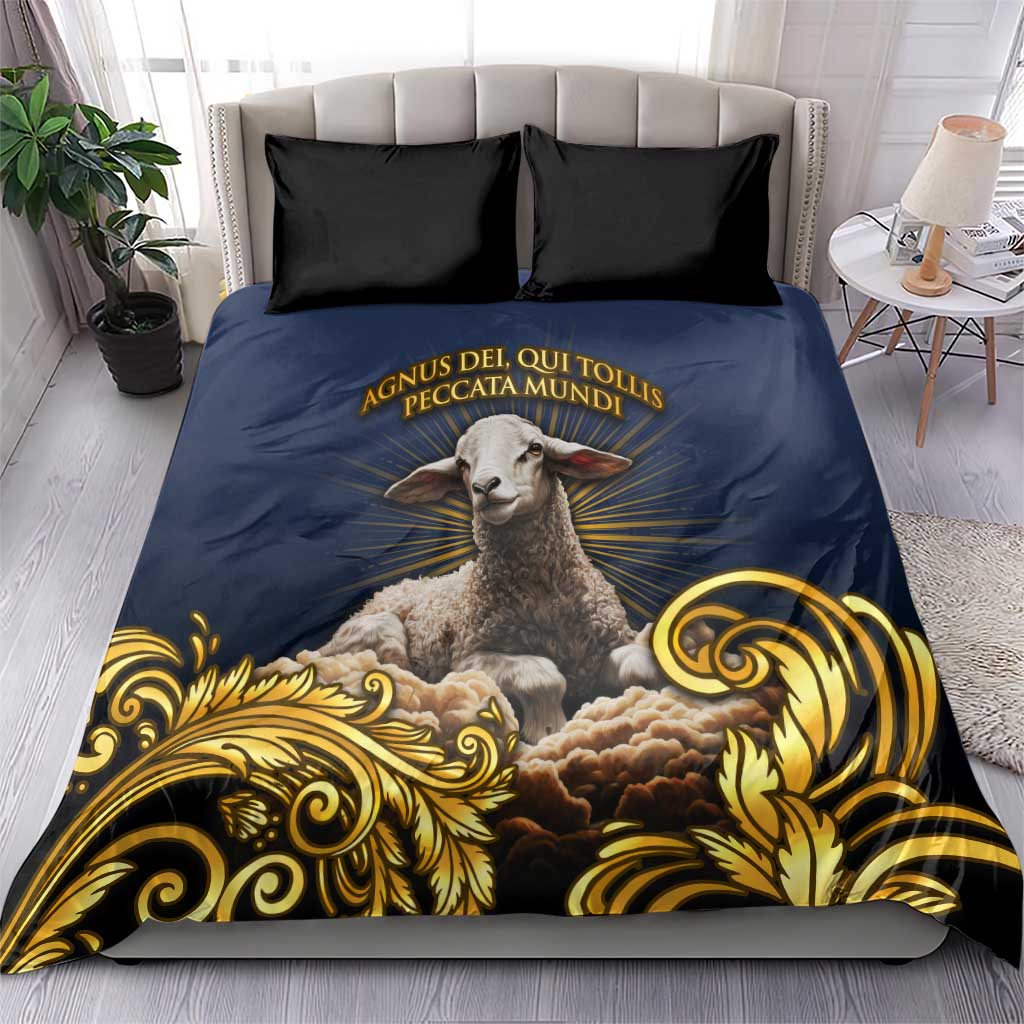 Agnus Dei Lamb of God Bedding Set Latin Catholic Art with Gold Baroque Accents
