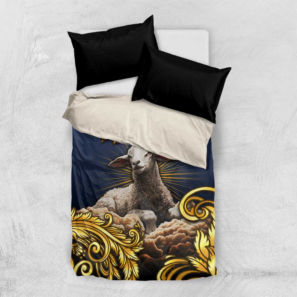 Agnus Dei Lamb of God Bedding Set Latin Catholic Art with Gold Baroque Accents