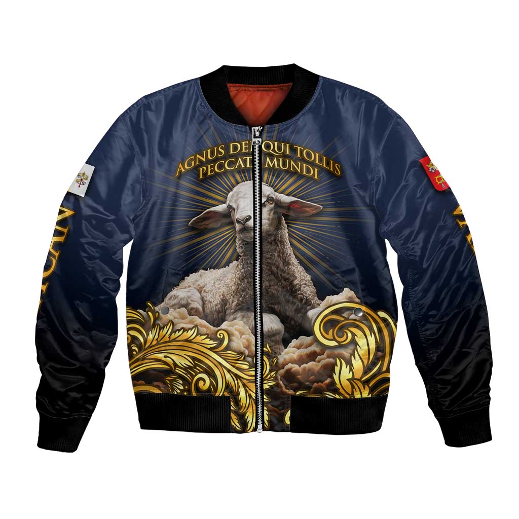 Agnus Dei Lamb of God Bomber Jacket Latin Catholic Art with Gold Baroque Accents