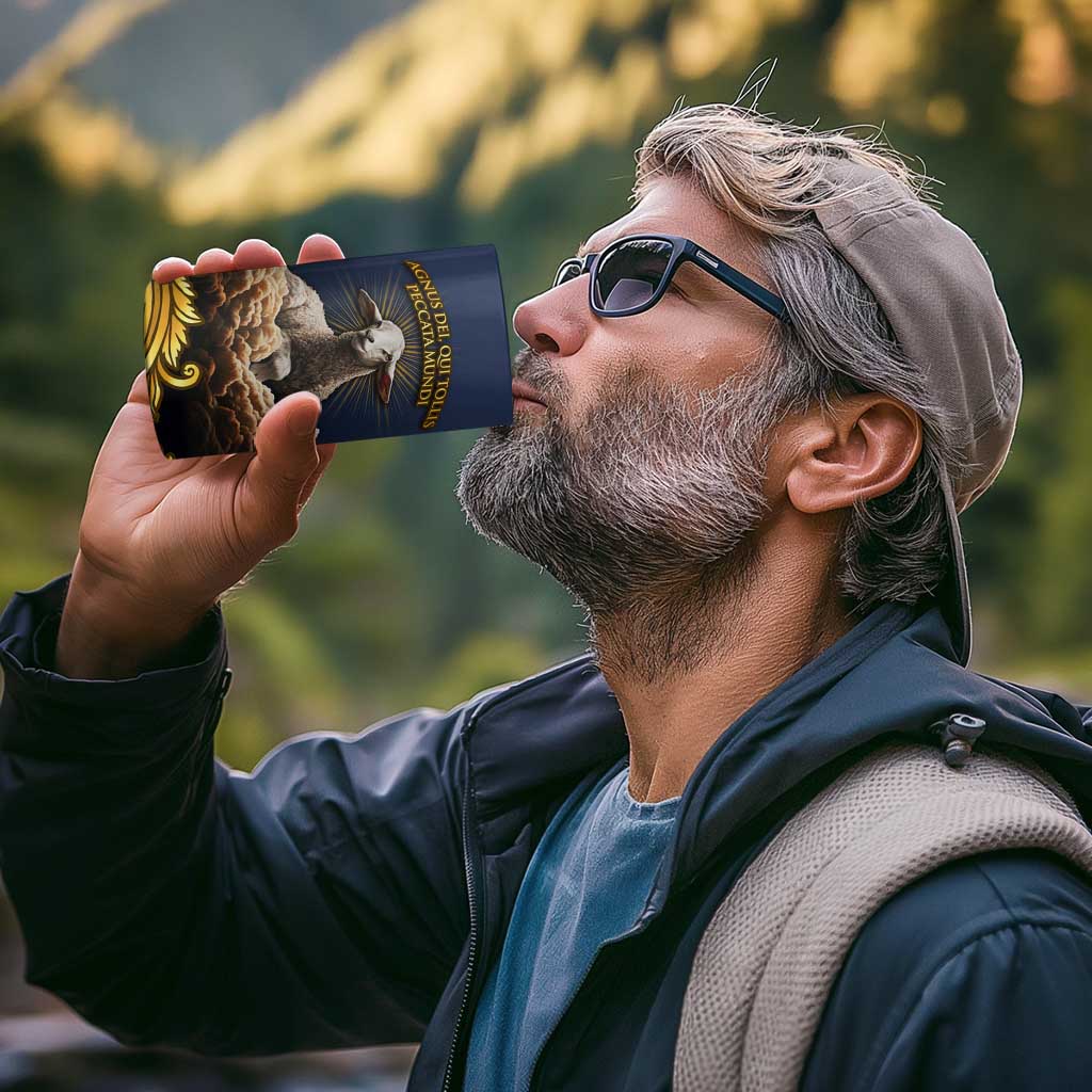 Agnus Dei Lamb of God 4 in 1 Can Cooler Tumbler Latin Catholic Art with Gold Baroque Accents