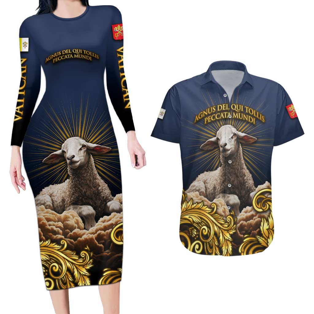 Agnus Dei Lamb of God Couples Matching Long Sleeve Bodycon Dress and Hawaiian Shirt Latin Catholic Art with Gold Baroque Accents