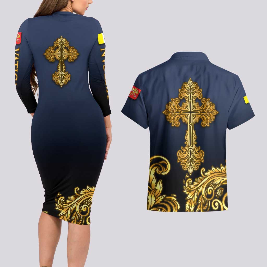 Agnus Dei Lamb of God Couples Matching Long Sleeve Bodycon Dress and Hawaiian Shirt Latin Catholic Art with Gold Baroque Accents