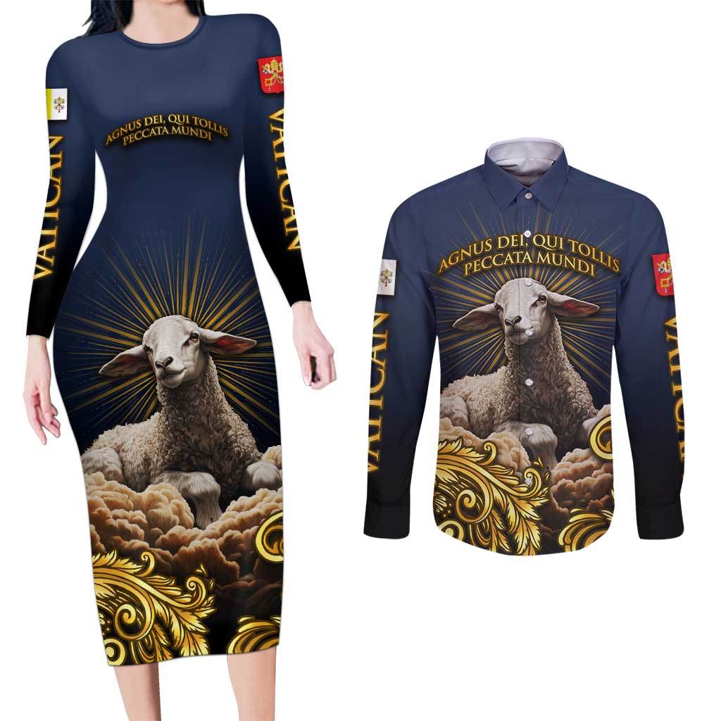 Agnus Dei Lamb of God Couples Matching Long Sleeve Bodycon Dress and Long Sleeve Button Shirt Latin Catholic Art with Gold Baroque Accents