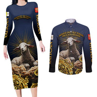 Agnus Dei Lamb of God Couples Matching Long Sleeve Bodycon Dress and Long Sleeve Button Shirt Latin Catholic Art with Gold Baroque Accents