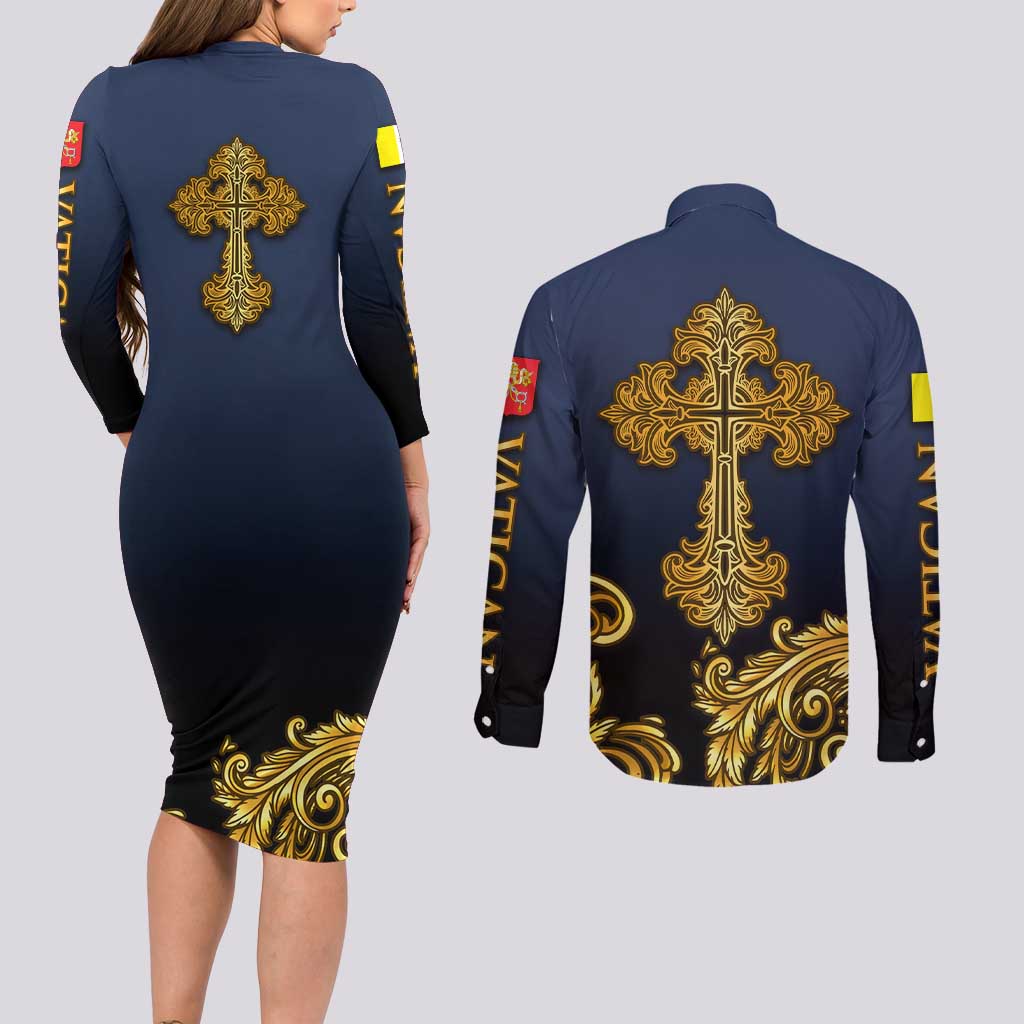 Agnus Dei Lamb of God Couples Matching Long Sleeve Bodycon Dress and Long Sleeve Button Shirt Latin Catholic Art with Gold Baroque Accents
