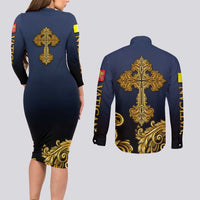Agnus Dei Lamb of God Couples Matching Long Sleeve Bodycon Dress and Long Sleeve Button Shirt Latin Catholic Art with Gold Baroque Accents