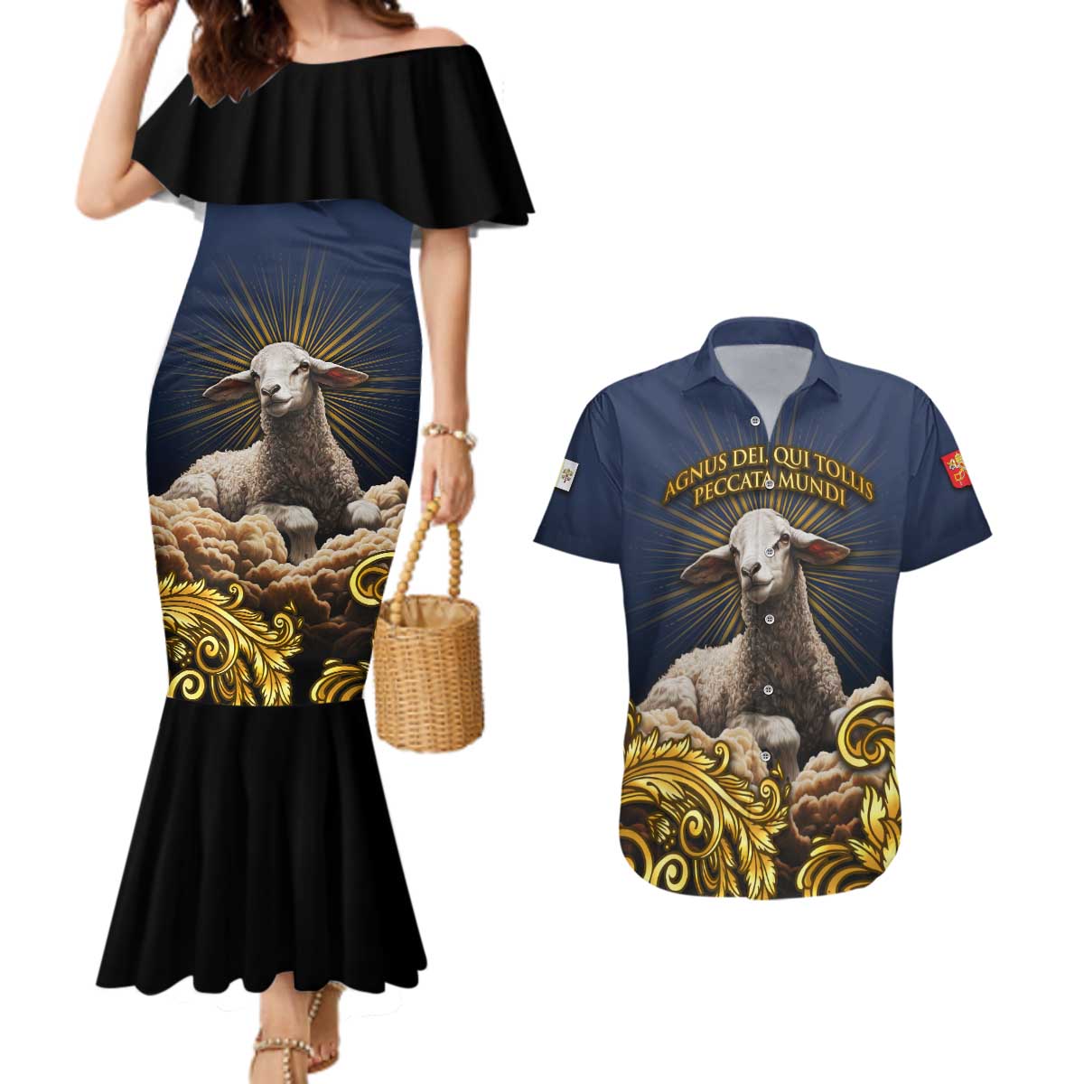 Agnus Dei Lamb of God Couples Matching Mermaid Dress and Hawaiian Shirt Latin Catholic Art with Gold Baroque Accents