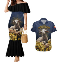 Agnus Dei Lamb of God Couples Matching Mermaid Dress and Hawaiian Shirt Latin Catholic Art with Gold Baroque Accents