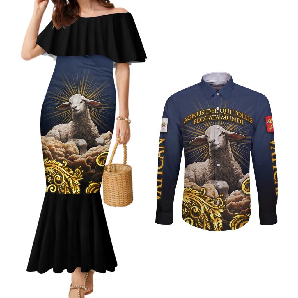 Agnus Dei Lamb of God Couples Matching Mermaid Dress and Long Sleeve Button Shirt Latin Catholic Art with Gold Baroque Accents