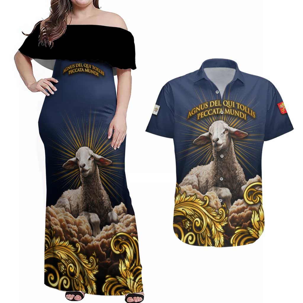 Agnus Dei Lamb of God Couples Matching Off Shoulder Maxi Dress and Hawaiian Shirt Latin Catholic Art with Gold Baroque Accents