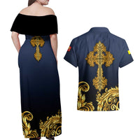 Agnus Dei Lamb of God Couples Matching Off Shoulder Maxi Dress and Hawaiian Shirt Latin Catholic Art with Gold Baroque Accents