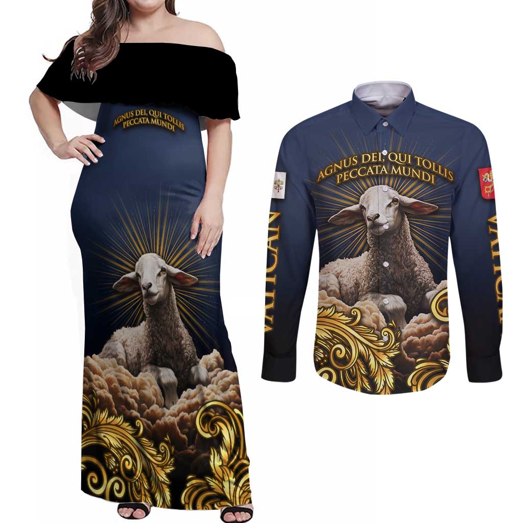 Agnus Dei Lamb of God Couples Matching Off Shoulder Maxi Dress and Long Sleeve Button Shirt Latin Catholic Art with Gold Baroque Accents