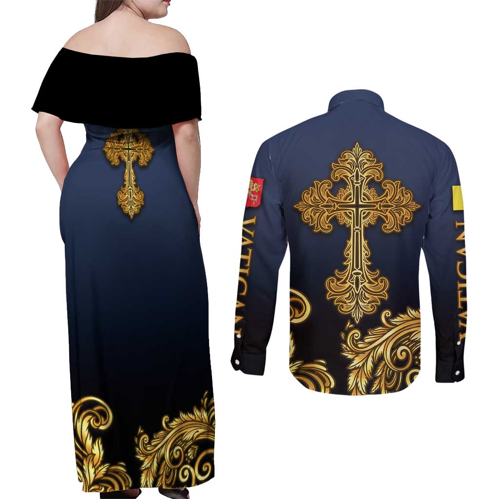 Agnus Dei Lamb of God Couples Matching Off Shoulder Maxi Dress and Long Sleeve Button Shirt Latin Catholic Art with Gold Baroque Accents