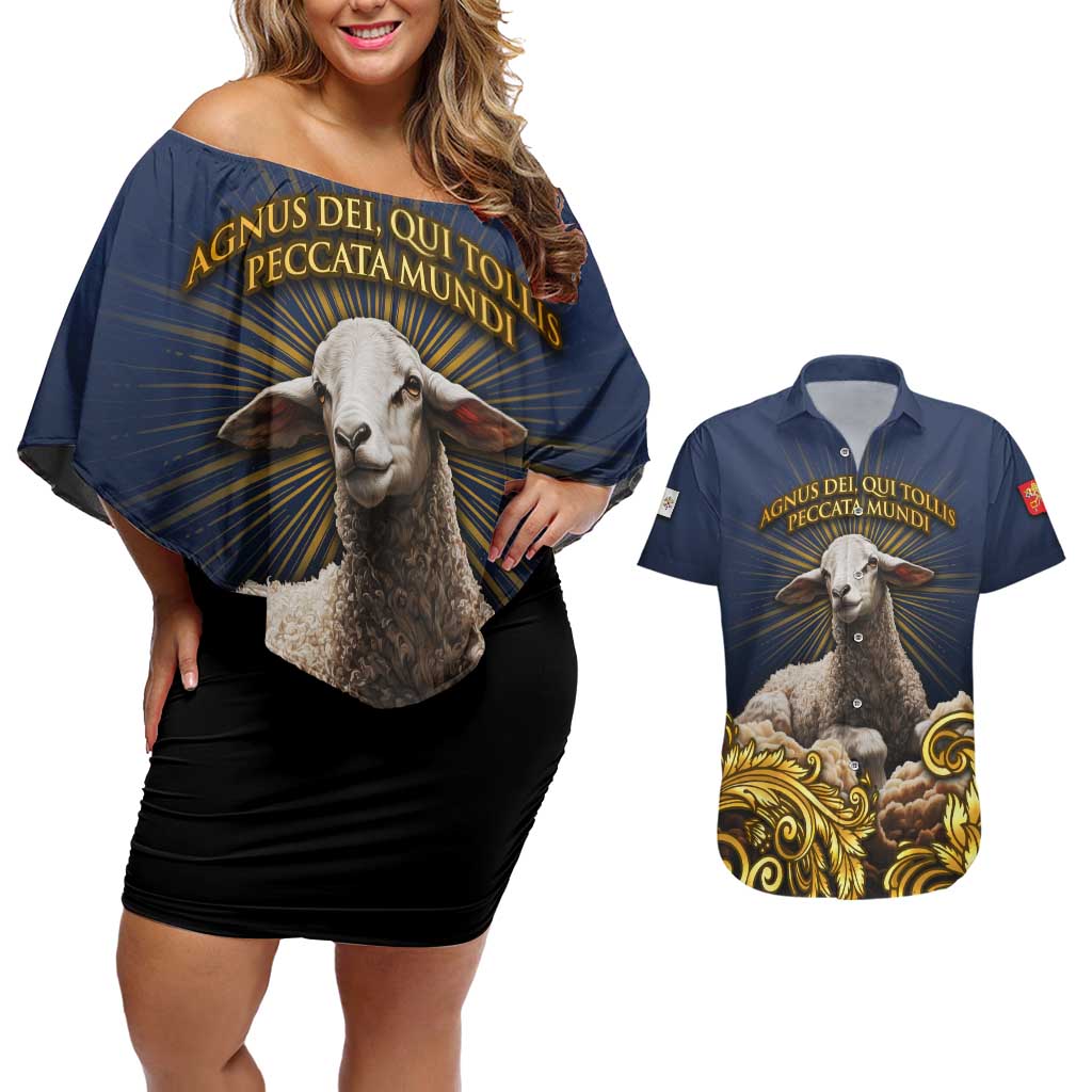Agnus Dei Lamb of God Couples Matching Off Shoulder Short Dress and Hawaiian Shirt Latin Catholic Art with Gold Baroque Accents