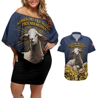 Agnus Dei Lamb of God Couples Matching Off Shoulder Short Dress and Hawaiian Shirt Latin Catholic Art with Gold Baroque Accents