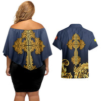 Agnus Dei Lamb of God Couples Matching Off Shoulder Short Dress and Hawaiian Shirt Latin Catholic Art with Gold Baroque Accents