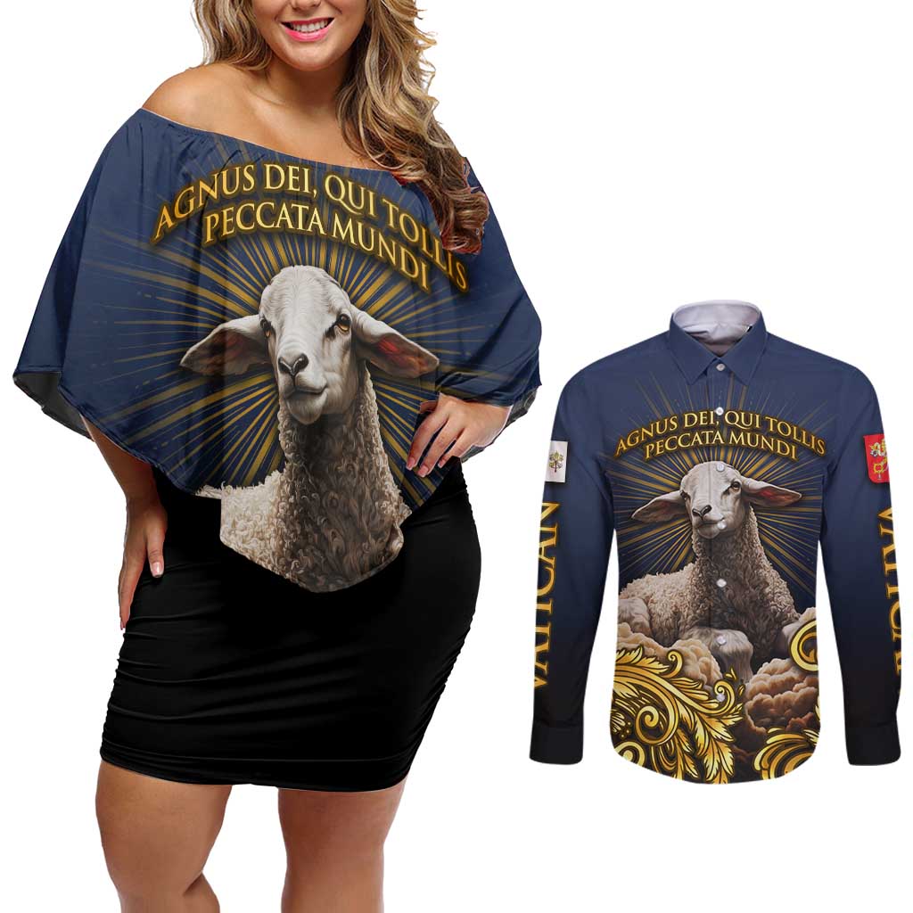 Agnus Dei Lamb of God Couples Matching Off Shoulder Short Dress and Long Sleeve Button Shirt Latin Catholic Art with Gold Baroque Accents