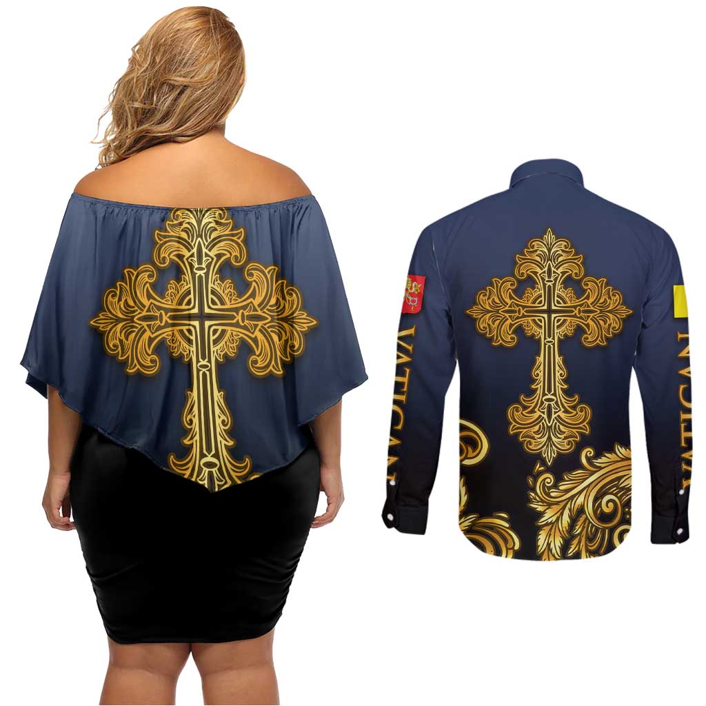 Agnus Dei Lamb of God Couples Matching Off Shoulder Short Dress and Long Sleeve Button Shirt Latin Catholic Art with Gold Baroque Accents