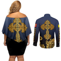 Agnus Dei Lamb of God Couples Matching Off Shoulder Short Dress and Long Sleeve Button Shirt Latin Catholic Art with Gold Baroque Accents