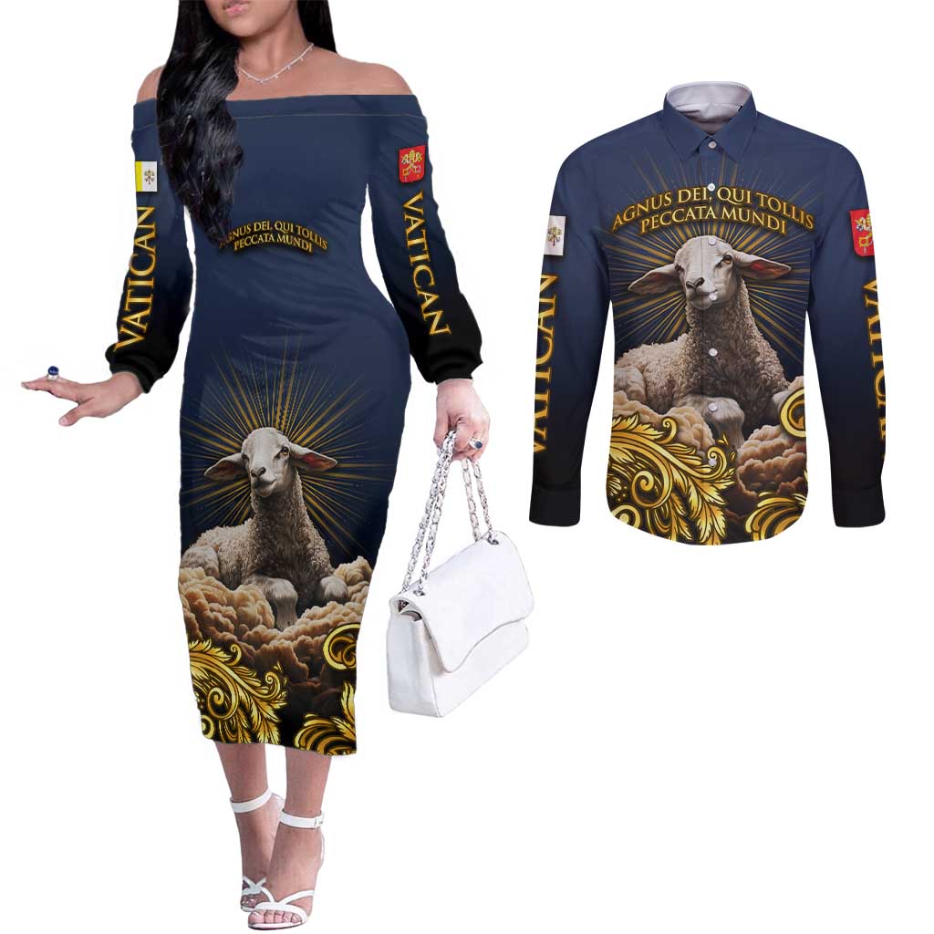 Agnus Dei Lamb of God Couples Matching Off The Shoulder Long Sleeve Dress and Long Sleeve Button Shirt Latin Catholic Art with Gold Baroque Accents