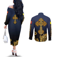 Agnus Dei Lamb of God Couples Matching Off The Shoulder Long Sleeve Dress and Long Sleeve Button Shirt Latin Catholic Art with Gold Baroque Accents