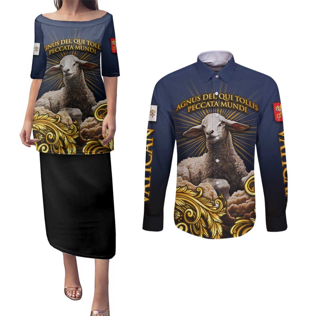 Agnus Dei Lamb of God Couples Matching Puletasi and Long Sleeve Button Shirt Latin Catholic Art with Gold Baroque Accents