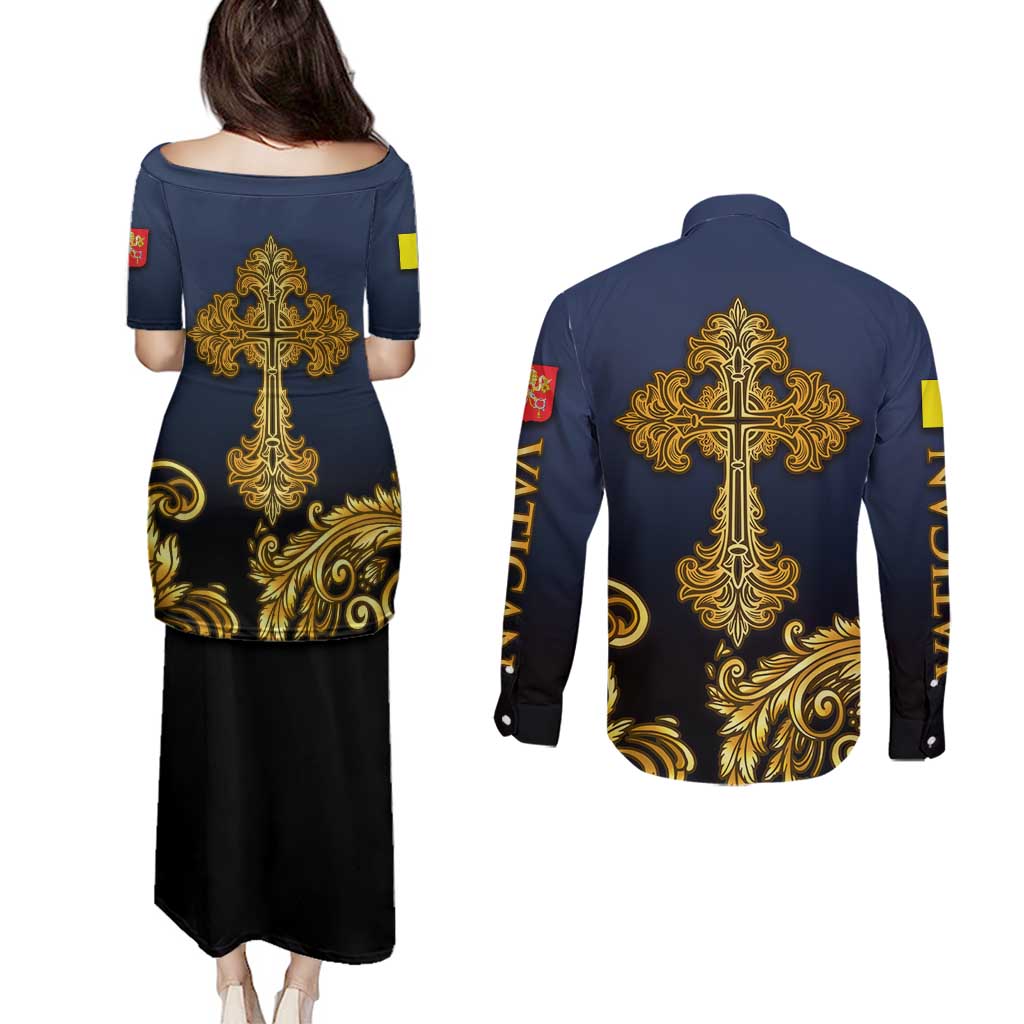 Agnus Dei Lamb of God Couples Matching Puletasi and Long Sleeve Button Shirt Latin Catholic Art with Gold Baroque Accents