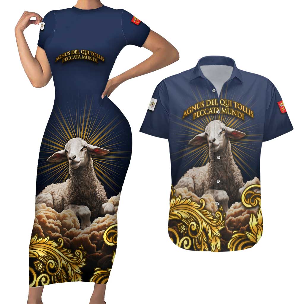 Agnus Dei Lamb of God Couples Matching Short Sleeve Bodycon Dress and Hawaiian Shirt Latin Catholic Art with Gold Baroque Accents