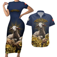 Agnus Dei Lamb of God Couples Matching Short Sleeve Bodycon Dress and Hawaiian Shirt Latin Catholic Art with Gold Baroque Accents