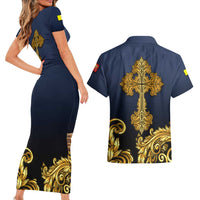 Agnus Dei Lamb of God Couples Matching Short Sleeve Bodycon Dress and Hawaiian Shirt Latin Catholic Art with Gold Baroque Accents