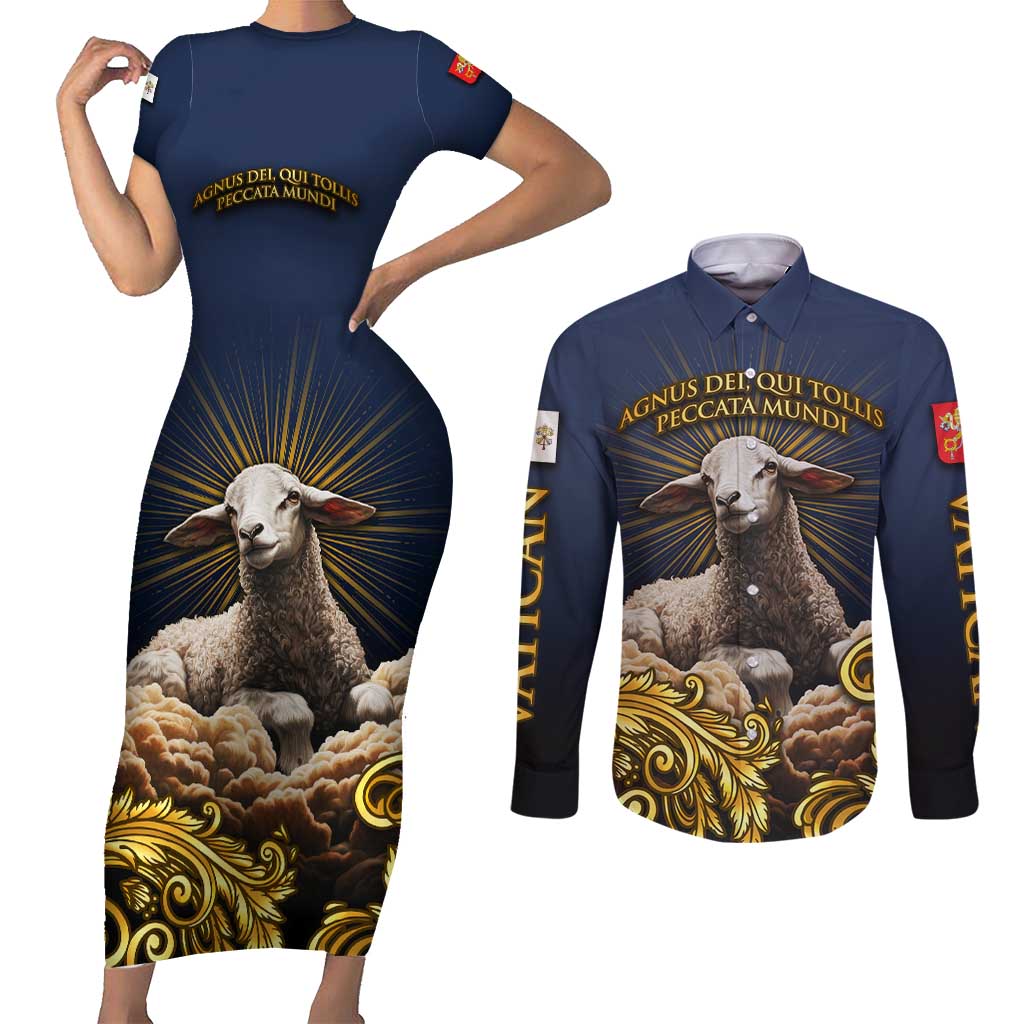 Agnus Dei Lamb of God Couples Matching Short Sleeve Bodycon Dress and Long Sleeve Button Shirt Latin Catholic Art with Gold Baroque Accents